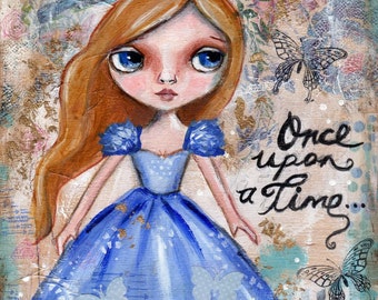 Cinderella painting, Fairy Tale,  Mixed Media Painting , Childrens Art, Nursery Decor, Original painting, Whimsical Girl, tuxedo cat