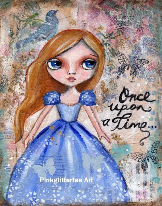 Cinderella painting, Fairy Tale, Mixed Media Painting Childrens Art,  Nursery Decor, Original painting, Whimsical Girl, tuxedo cat