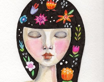 Whimsical Girl Painting, folk art, Original Watercolor painting, Flowers, Home decor, original art, small painting, Free Shipping