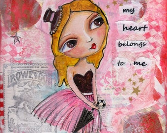 Big eyed Art, Blonde Girl, Valentine, heart, Children's Art, inspirational print, 8 x 10 Print