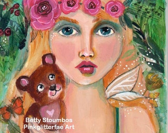 Nature Girl,Fairy, Bear cub, Forest, Nature art,  Big eyed girl, Home decor, Children's art, l 8 x 10 Print, whimsical art