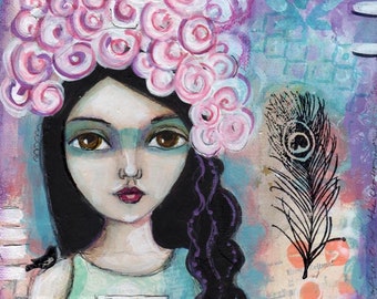 Mixed Media Painting, Brave Girl, Inspirational, Tribal, 8 x 10, Original painting, Wall Decor, one of a kind art