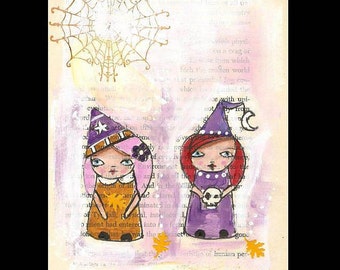 Kokeshi illustration, witch, Whimscial art, pen and ink,Original Illustration, Halloween art