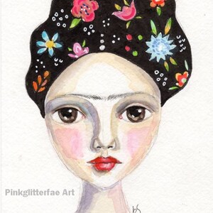 Frida painting, Whimsical Girl,  Original Watercolor painting, Flowers, Home decor, original art, small painting, Free Shipping