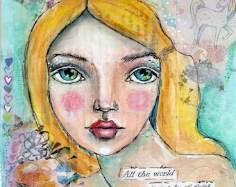 Mixed Media Painting, Whimsical Girl,  8 x 10, Original painting, Wall Decor, one of a kind art Blonde, quote