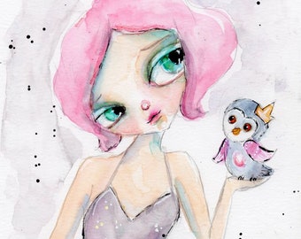 Whimsical girl, owl, quirky, pen and ink, whimsical girl,  illustration, watercolor,  original illustration, free shipping, OOAK