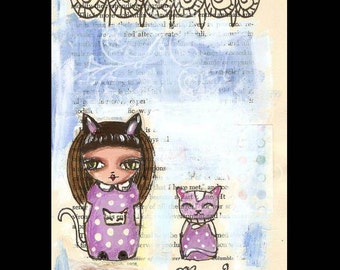 Girl and Cat, Original Illustration, cat, Original art, pen and ink illustration, free shipping, halloween art