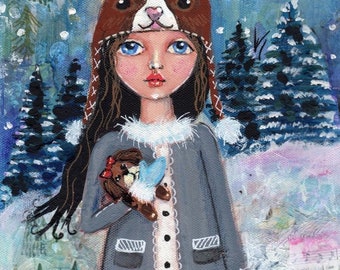 Winter Print Girl, Puppy ,Children's Art,  Nursery Decor, home decor, 8 x 10 print