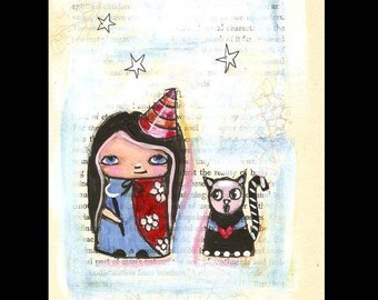 Kokeshi doll painting,witch and Cat,  Original Illustration, Funky Halloween Art, free shipping