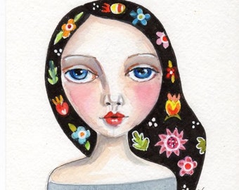 Whimsical Girl Painting, Flowers in her hair, Original, Watercolor painting, Folk art,  original art, small painting, free shipping