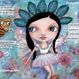 Flower fairy, garden fairy, Whimsical art, Children's art, Home decor, 8 x 10 print, big eyed girl, inspirational art, image 1