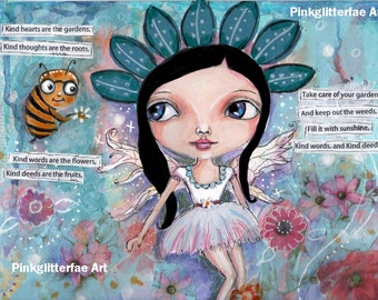 Flower fairy, garden fairy,  Whimsical art,  Children's art, Home decor, 8 x 10 print, big eyed girl, inspirational art,