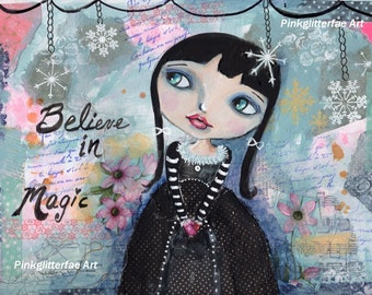 Big eyed girl painting, Whimsical art,  Children's art, Home decor, 8 x 10 print, Winter, Snow,