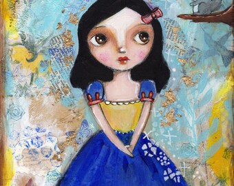 Snow White painting, Fairy Tale,  Mixed Media Painting , Childrens Art, Nursery Decor, Original painting, Whimsical Girl, tuxedo cat