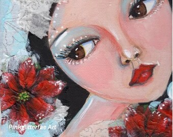 Whimsical Girl PRINT Winter  Christmas Holiday Art Poinsetta 8 x 10 print big eyed girl