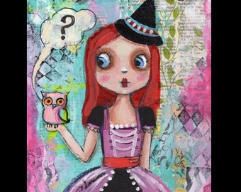 Witch painting, owl,  Original mixed media, 6 x 8 painting, Children's art, Halloween