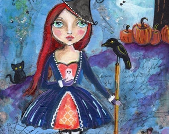 Halloween Print, Witch, Ghost, Children's Art, Big Eyed girl, home decor, Illustration, Cute art, 8 x 10 Print,