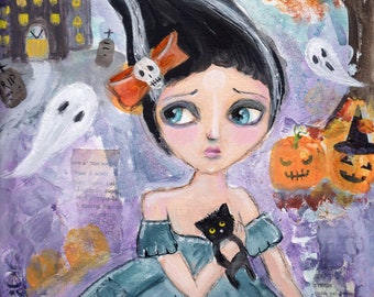 Halloween Print,  Frankenstein's Bride, Children's Art, Big Eyed girl, home decor, Illustration, Cute art, 8 x 10 Print,