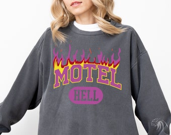 Felpa Motel Hell Colori Comfort, Sudore Fire Hell, Sudore Motel Hell, Felpa con caratteri Collage, Felpa Motel, Divertente Motel Hell A0097