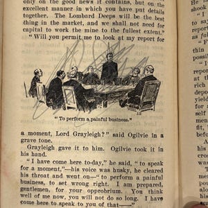 K&ouml;nnte beinhalten: Eine Schwarzwei&szlig;illustration einer Gruppe von M&auml;nnern, die um einen Tisch in einer Besprechung sitzen. Der Text "To perform a painful business." steht &uuml;ber dem Tisch.