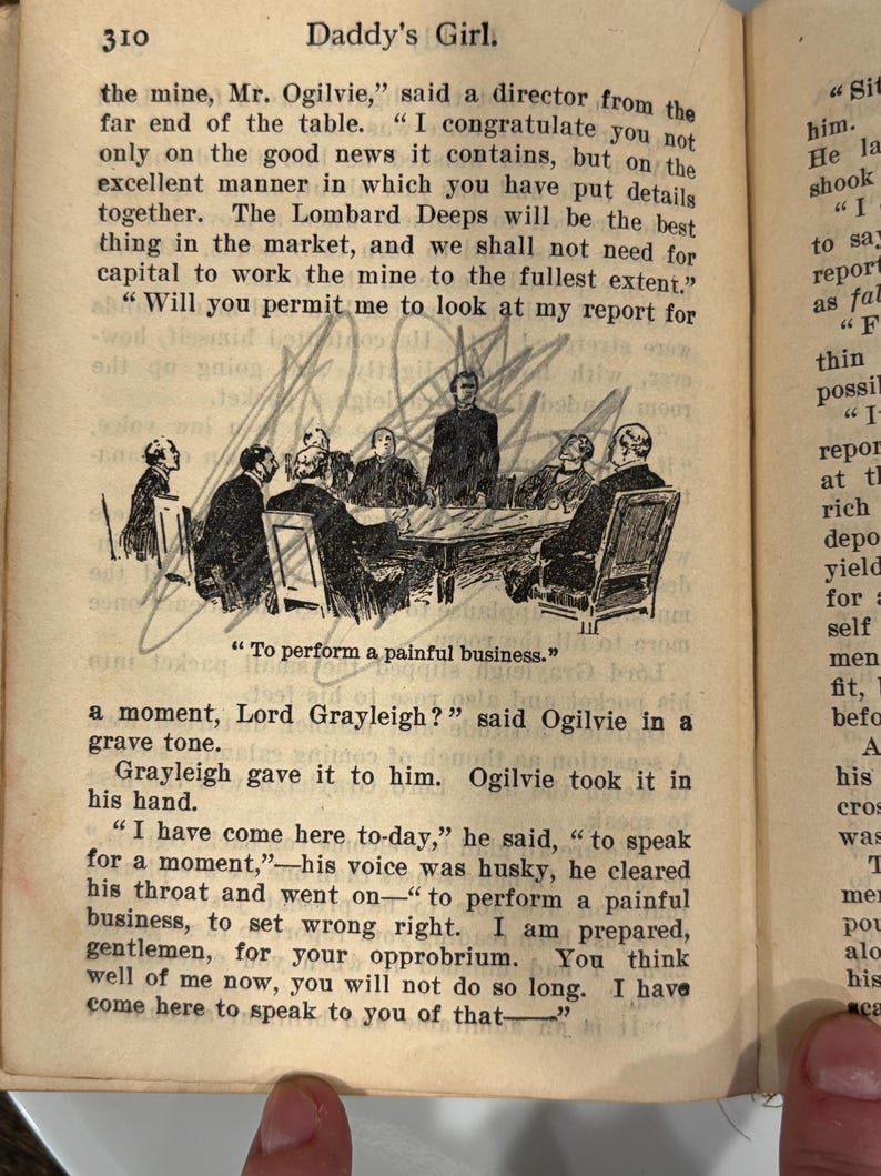 K&ouml;nnte beinhalten: Eine Schwarzwei&szlig;illustration einer Gruppe von M&auml;nnern, die um einen Tisch in einer Besprechung sitzen. Der Text "To perform a painful business." steht &uuml;ber dem Tisch.