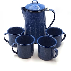 Vintage Coffee/Tea Pot with 4 Cups  - Blue Speckled Enamelware 1970s