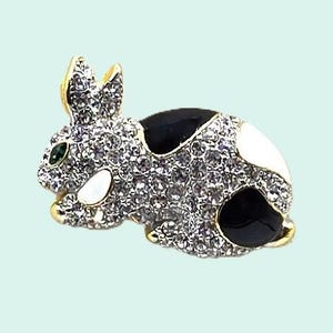 Vintage Bunny Brooch, Black and White Enamel, Clear Rhinestones,  Green Rhinestone Eye, and Gold Tone Trim. Very Cute Pin! 1990s