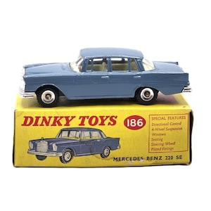 Vintage Dinky Toys Mercedes Benz 220 SE Model 186 &quot;Petrol Blue&quot; Body White Interior, Chrome Grill, Hubcaps, Bumpers. Black Tires, Spun Hubs.