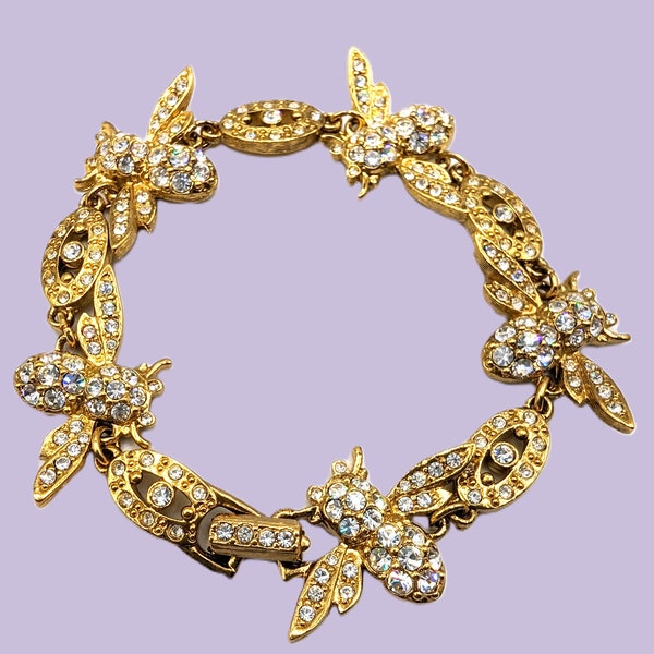 Gorgeous Joan Rivers Bee Bracelet with Swarovski Crystals on Gold Vintage 1990s