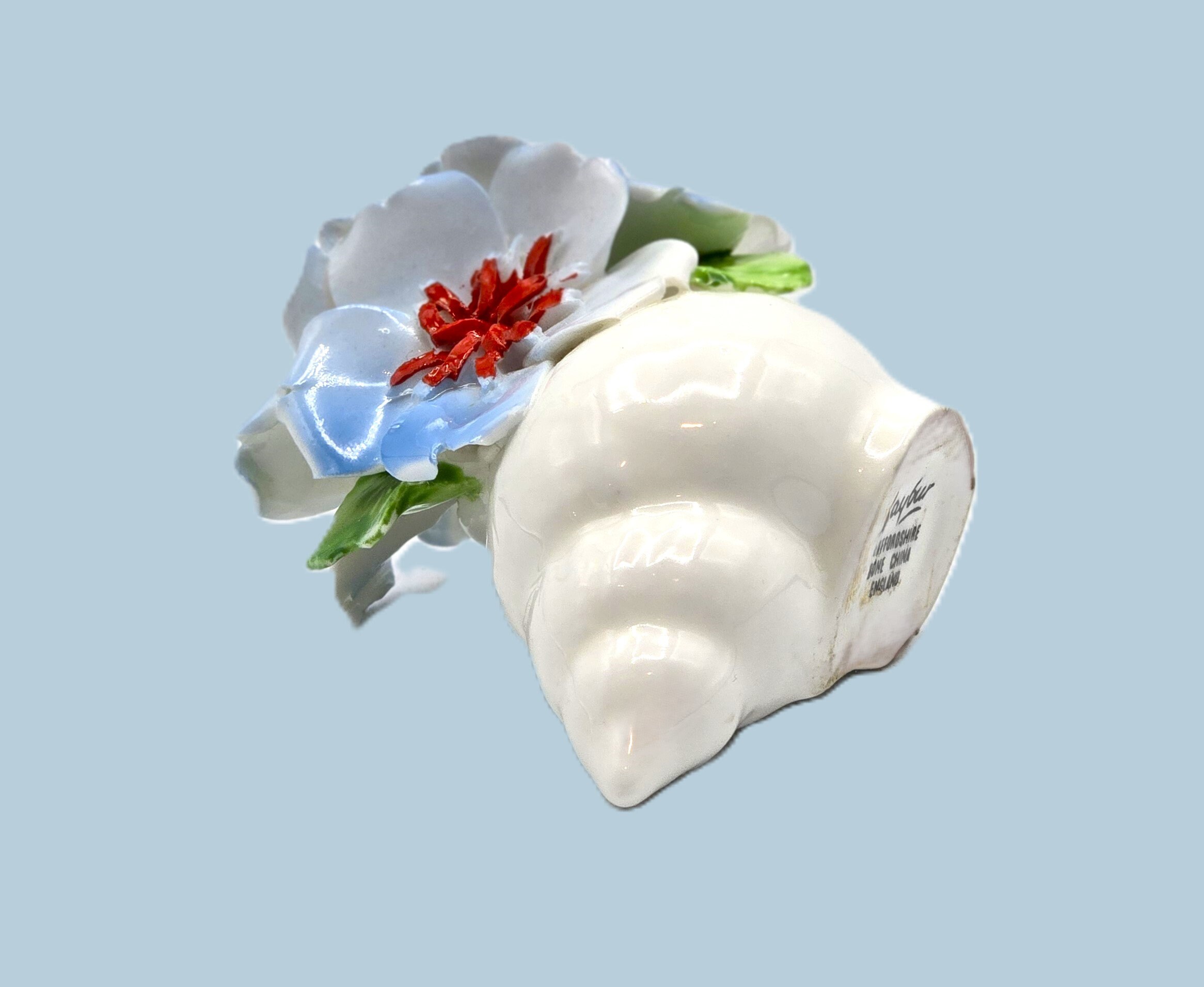 Bone China Sea Shell Has Blue Dogwood Flowers With Red Centers and ...