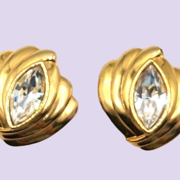 Vintage Designer S.A.L. Swarovski Large Oval Crystal in Gold Tone Clip Earrings