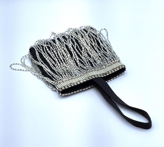 Chrome Silver Fringe on Small Black Satin Bag/Pur… - image 5