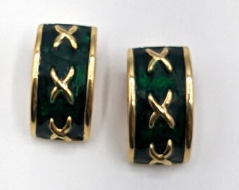 Rare Designer "Landau" Green Enamel Gold-Tone Clip-on Earrings with Gold CrissCross Design, Chunky 1980s Half Hoop