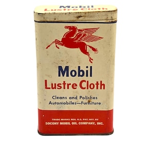 Vintage Mobil Lustre Tin with Original Polish Cloth, Pegasus Graphics, 1950s Collectible Vintage Petroliana
