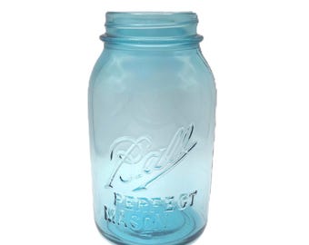 Antique Ball Mason Jar, Blue Glass 1910-1923 "Dropped A" Logo,