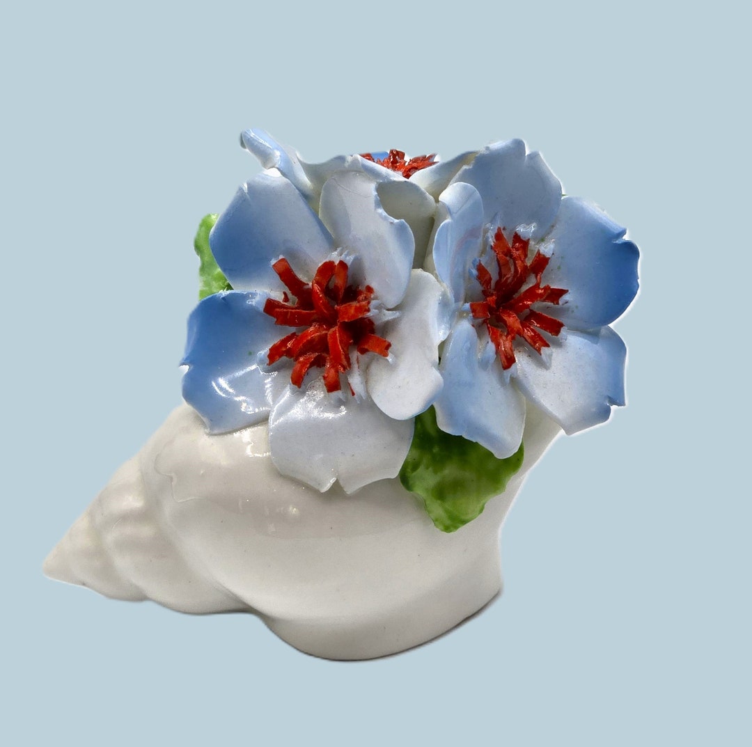 Bone China Sea Shell Has Blue Dogwood Flowers With Red Centers and ...