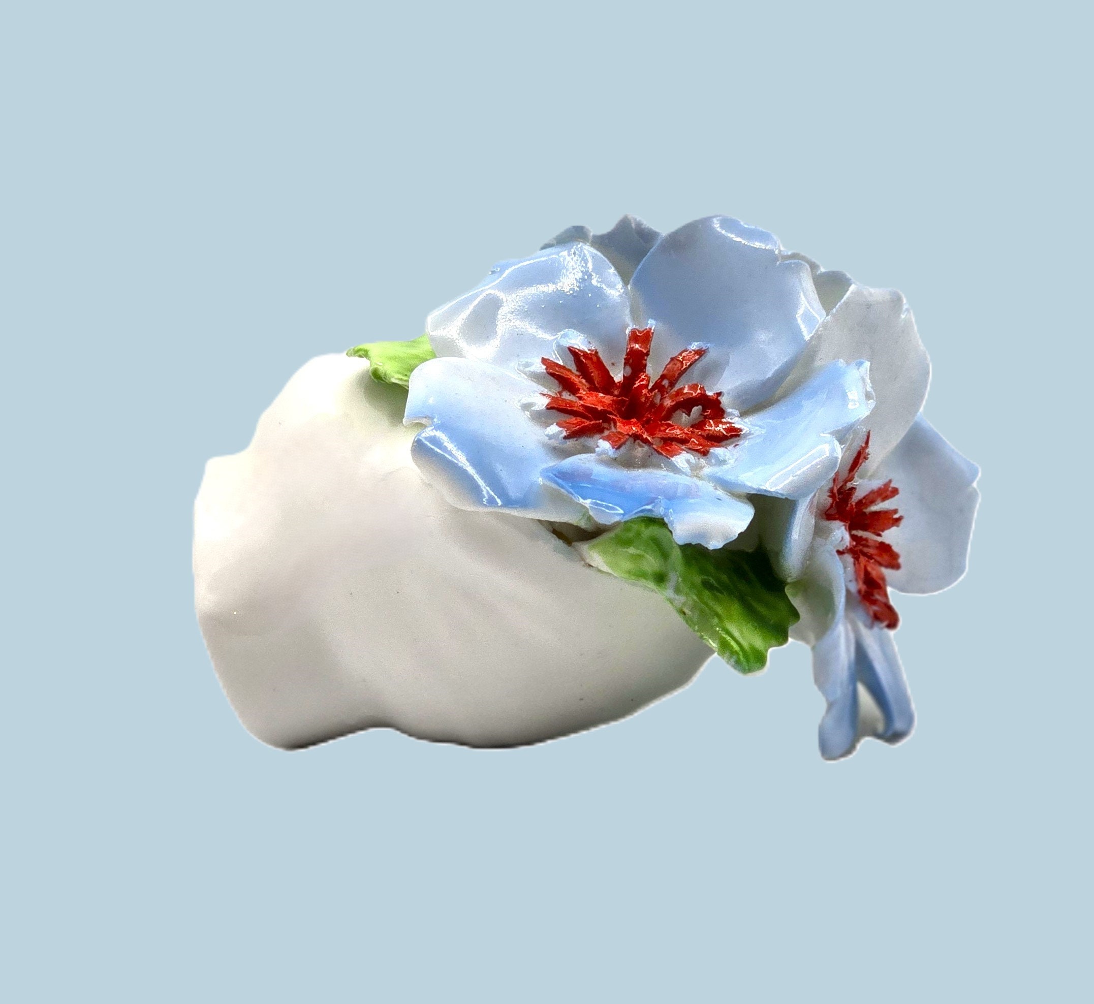 Bone China Sea Shell Has Blue Dogwood Flowers With Red Centers and ...