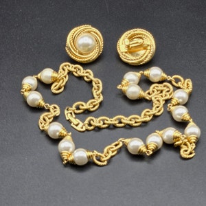 Vintage Napier Faux Pearl Necklace and Earrings Set: Gold Tone 1980s Jewelry
