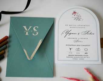 Arch Shape White Invites with Black Foil Stamping and Flower Design, Turquoise Envelopes with Silver Foil Monogram, Unique Invitations