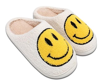 RATAZ : Smiley Face Slippers women size 5-6, indoor slippers women, Fluffy Slip on slippers women