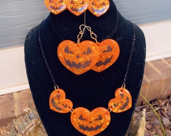 Pumpkin / Jack O Lantern Necklace, Earrings and Barrette Set