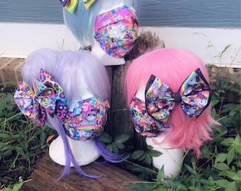 Lisa Frank  Inspired Washable Cloth Face Mask And Bows