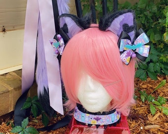 Pastel Goth Cat Ear and Tail set with Bows and Choker