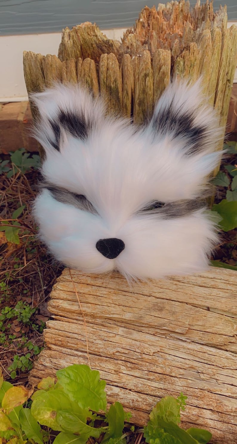 May include: A plush white raccoon head with black eyes and a black nose. The raccoon head is resting on a weathered wooden log.
