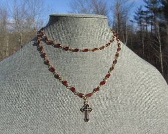 Gothic Rosary Double Hung Golden Cross Necklace Blood Red Dainty Beaded Chains Christian Choker Collar Necklaces