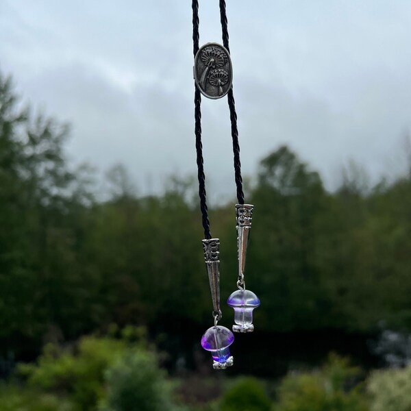 Mushroom Huntress Bolo Tie Style Necklace Faux Leather Metal Cabochon Tipped with Dangling Purple Mushrooms