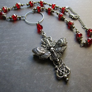 Blood Moon Witchy Moth Statement Necklace Rosary Beaded Unique Handmade Deaths Head Spooky Halooween Crusifix