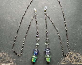 Dangling Eyeglass Chain Sunglasses Glasses Holder Clips Clip on Chains Beaded Style Bronze with Green Purple Rainbow Fluorite