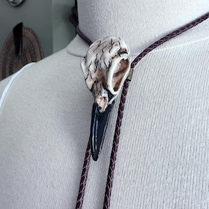 Raven Skull Design Bolo Tie Necklace Metal Rockabilly Goth Punk Retro Unisex Jewelry Big Unique Statement Piece Braided