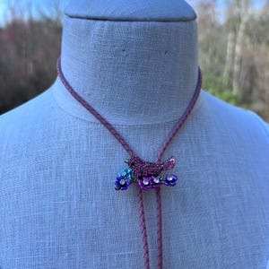 Spring Bird Floral Pink Braided Leather Bolo Tie Necklace Yallternative Cottagecore Vibes Cottage Garden OOAK one of a kind